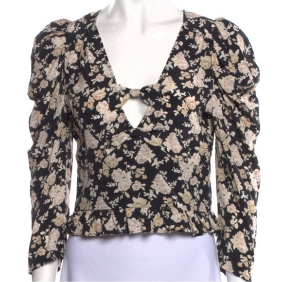 LOVESHACKFANCY Puff Sleeve Plunging V Neck Dark Floral Blouse w/ bow size 2 silk - Picture 1 of 6